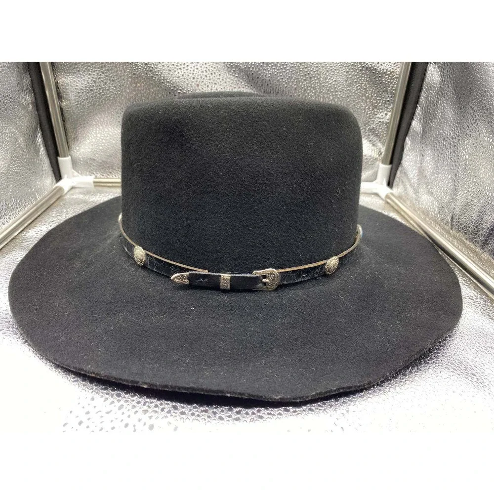 Bee Hat Co Cowboy‎ Hat Mens 7 1/4 Black Felt Turquoise Concho Wide Brim Western